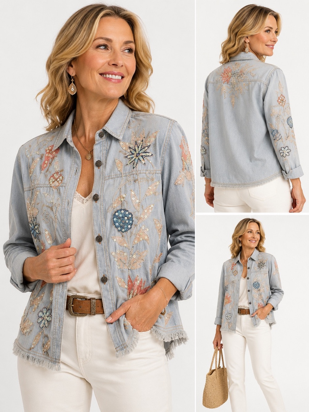 Embroidered Sequin Denim Button Down